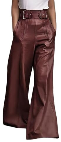 CHARTOU Women High Waist PU Faux Leather Pants Baggy Wide Leg Flare Pants Casual Bell Bottoms Trouser (X-Large,Burgundy)