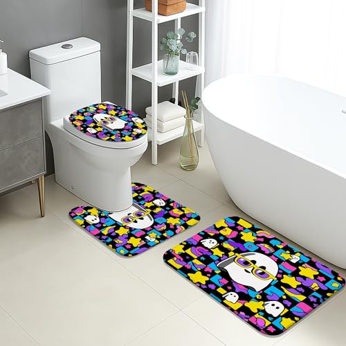 Divertidos juegos de tapetes de baño de 3 piezas, coloridos fantasmas de dibujos animados, estrellas, absorbentes, antideslizantes, en forma de U, lavables, diseño divertido, juego de alfombras de