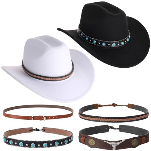 2 Stück Cowboyhut Damen Herren Westernhut Fedora Hut Breiter Krempe Western Cowboy Hut mit 4 Stück verstellbar Austauschbarer Lederband
