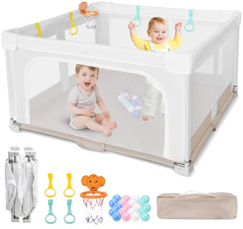 Parque Infantil Grande y Plegable para Bebe: 127x127x70 cm para Interior y Exterior Con 20 Pelotas Oceánicas,1 Canasta de Baloncesto,4 Asas y 1 Bolsa de Viaje - El área de Juego Ideal para Los Niños