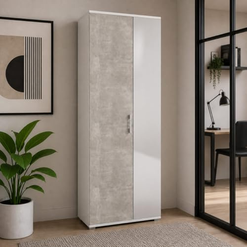 Yellowshop | Armadio contenitore Multiuso Bianco/Cemento con specchio, texture 3D Compos – Mobile salvaspazio moderno con ante e ripiani – Per ingresso, lavanderia, camera da letto e zona giorno