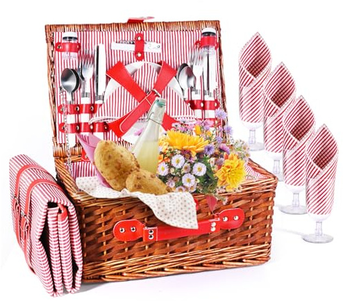 Cestino Picnic, Cesto Picnic Vimini Coperta Impermeabile e Set di Posate, Set Pic Nic 4 Persone per Campeggio, Cestino Pic Nic Vimini Blu perCampeggio, Attività all'aperto, Feste, Spiaggia(Rosa)