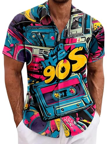 Chemise hawaïenne pour homme - Colorée - Graffiti - Chemise des années 80 et 90 - Chemise de loisirs - Vintage - Néon - Chemises de plage - Costume hippie - Coupe droite - Chemises d'extérieur légère