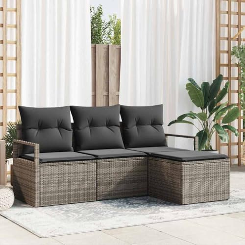 YunCangg Ensemble de canapé avec coussins 4 pièces en rotin synthétique gris, résistant aux intempéries et aux UV, modulaire pour jardin, terrasse, balcon, avec groupe de sièges, ensemble de salon