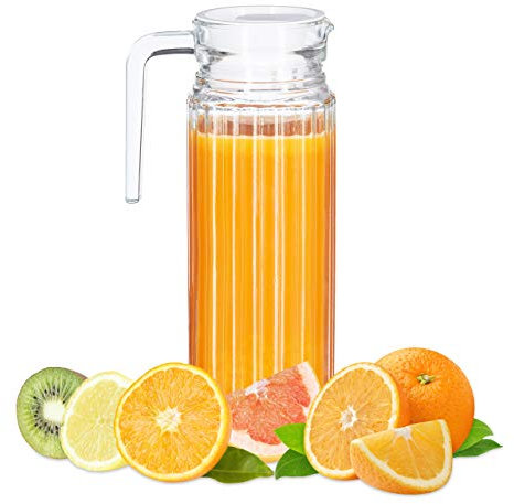 Relaxdays Jarra de cristal de 1L, Asa, Apta para lavavajillas, Garrafa de agua, Con tapa, Estrecho, Transparente