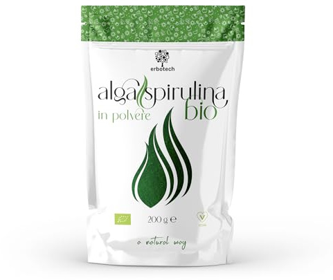 ERBOTECH Polvere di Spirulina BIO, Busta da 200 g, Ricca di Proteine, Calcio e Vitamine, Ricca di Nutrienti, Supporto Biologico, Vegan, Made in Italy