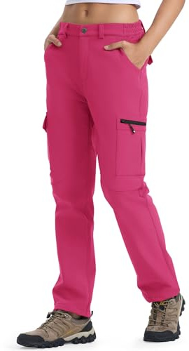 YSENTO Pantalon de randonnée en softshell pour femme - Doublure polaire imperméable, Rose rouge, M