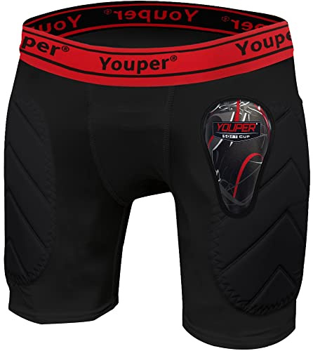 Youper Boys Youth Padded Sliding Shorts with Soft Protective Athletic Cup for Baseball, Football, Lacrosse (Black Red, Medium)