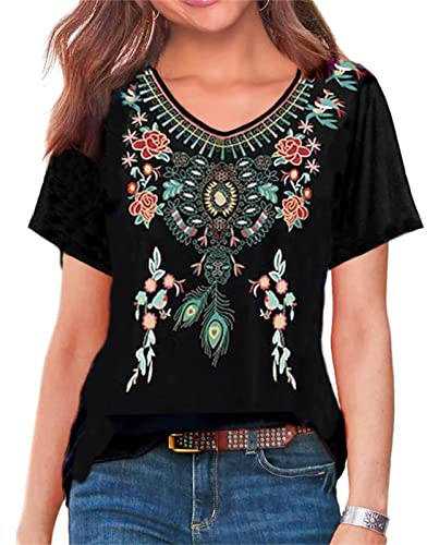 Womens Mexican Embroidered Tops Short Sleeve Fiesta Shirts Floral Peasant Blouses (Medium, Feather)