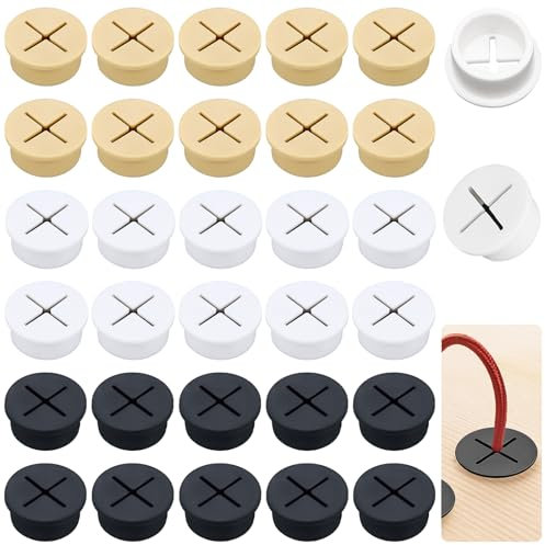 YOUNGSAY 30 Stück Flexible Silikon Kabeldurchführung, 25mm Runden Silikon Kabeldurchführung, Kreuzöffnung Silikon-Kabeldurchführung, Für Tisch Kabelmanagement (3 Farben)