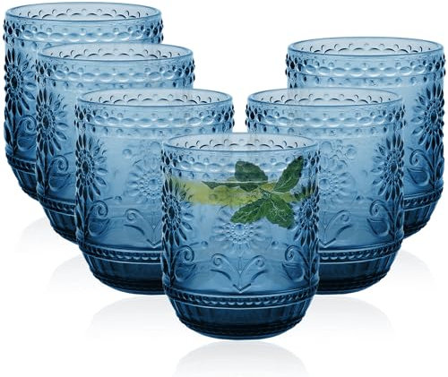 Ulable Drinking Glasses Set of 6-360ml/12oz Vintage Tumbler Glasses - Decorative Floral Embossed Water Glasses - Heavy Duty Glassware Beverages Tumblers for Whisky, Beer, Juice, Wine, Blue