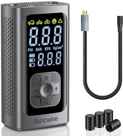 Syncwire Tyre Inflator Portable Air Compressor - 150PSI Faster Inflation Air Pump Electric Smart Pump Tyre Inflator for Car, Motorcycle, Bike & Balls, with Tyre Valve Caps, Extra-large LCD, Auto-off