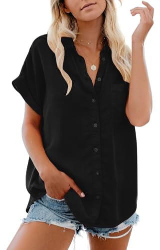 Womens Button Down Casual Shirts Cotton Short Sleeve Blouses Solid Summer Tops with Pocket Black