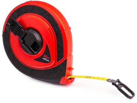 MIVOS Cinta métrica 30m - Cinta métrica robusta - Manivela plegable - Rollo metro - Fibra de vidrio - Retracción rápida de la cinta - Insertos engomados y antideslizantes - Carcasa de plástico ABS