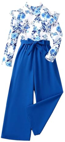 Asbabiy Girls Autumn Flower Print Long Sleeve Top Loose Wide Leg Casual Jumpsuit 7-13 Years (White,8-9Y(51-54 IN))