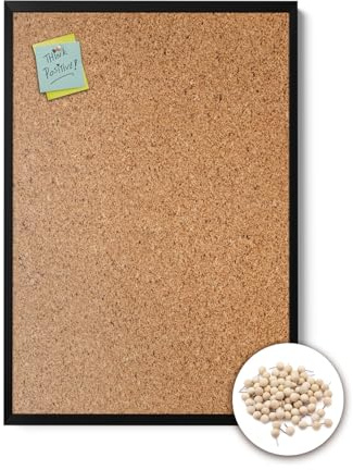 Wallfluent Tableau en Liège 70x50 cm Avec Punaises Tableau d'affichage pour Bureau, Salle de Classe ou Maison d'organisation Tableau Mémo Avec Cadre Noir en Plastique de Présentation