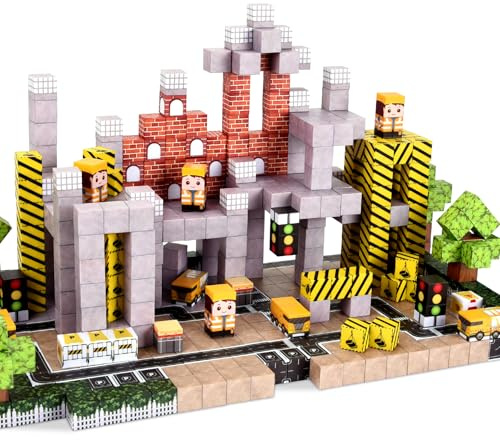 LFZXKJKJ Magnetic Building Blocks, 128 PCS Construction Toys for Kids Ages 3+, Magnetic Blocks Road with Car Magnet Tiles Cubes, Christmas Birthday Gifts - Creative Engineering Kit for Boys & Girls