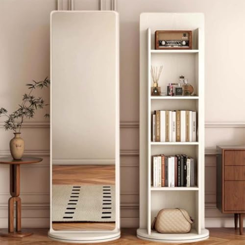 Specchio a Figura Intera con Scaffale di Stoccaggio, Specchi da Girevole a 360° e Libreria a 5 Livelli, Specchio da Pavimento per Camera da Letto e Soggiorno