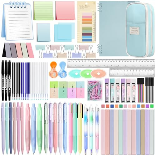 YIBONIKA 147 PCS Aesthetic Stationery Supplies with Blue Pen Case & Notebook, 12 Pastel Highlighters, 3 Erasable Pens, 5 Black Pens, 6 Mechanical Pencils, Stationery Set College Essentials