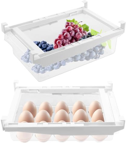 CHUENHEI Juego de 2 Cajones Organizadores para Frigorífico Extensibles - Caja Almacenamiento Frutas Verduras + Soporte Huevos 15 Huevos - 30,5x19,8x9,5 cm