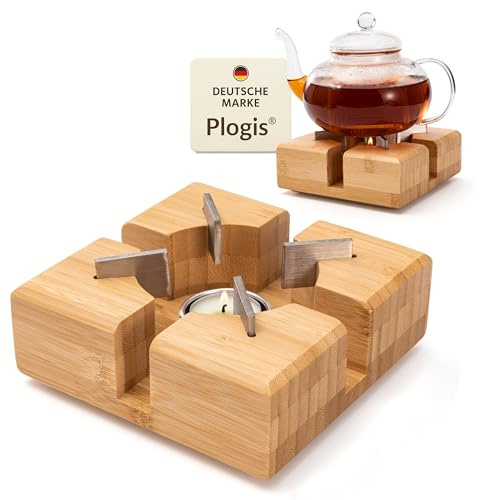 Plogis® Bambus Stövchen – Handgefertigter Teewärmer aus massivem Bambus | Stövchen für Teekanne & Geschirr | Teestövchen Holz mit Teelicht | 15×15 cm | Sicherer Halt Dank Metalleinsätzen