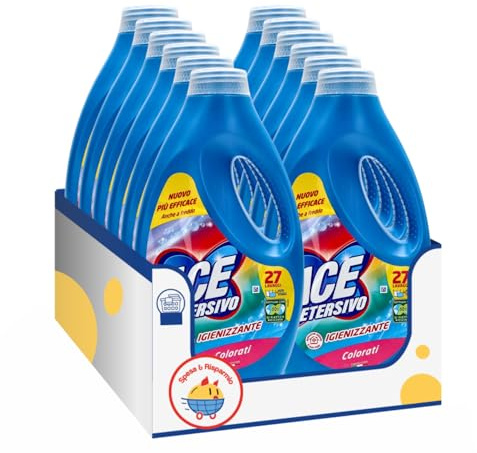 Detersivo Igienizzante Liquido per Bucato Colorato kit con Spugna Brandizzata SPESA & RISPARMIO Inclusa – Variazioni 4/8/12 Pezzi – 1,35 L – 27 Lavaggi (12)