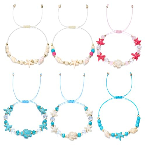 XFSRG 6 Stück Ocean Series Armband Bracelet Damen Seestern Muschel Schildkröten Bohème Stil Ozean Handgefertigt Gewebt Armbänder