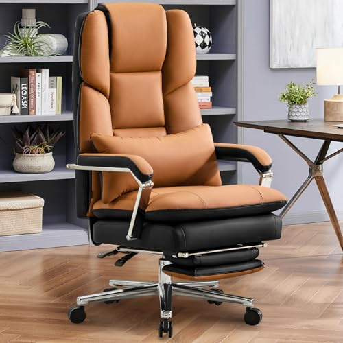 Ckaff Sedia Ufficio Ergonomica, Poltrona Direzionale in Pelle PU, Sedia da Ufficio con Poggiapiedi e Supporto Lombare, Sedia Scrivania Reclinabile Girevoli Altezza Regolabile 200kg, Marrone
