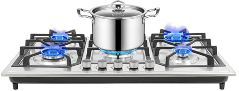 Cocina de gas de 5 fuegos, 86 x 51 x 12 cm, placa de cocina de gas empotrable con protección automática de llama, cocina de gas para casa y autocaravana, acero inoxidable LPG (20Y)/cocina de gas