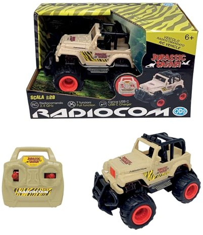 Radiocom - Jurassic Safari Auto RC sc. 1:28 RC 2.4 Ghz, fuoristrada, 7 funzioni ruote mordbide carica USB C