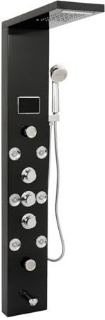 Duschpanel 0–90 ℃ multifunktionell duschpelare med 5 duschfunktion termostat duschsystem med 8 massagemunstycken temperaturdisplay och långa duschslangar svart