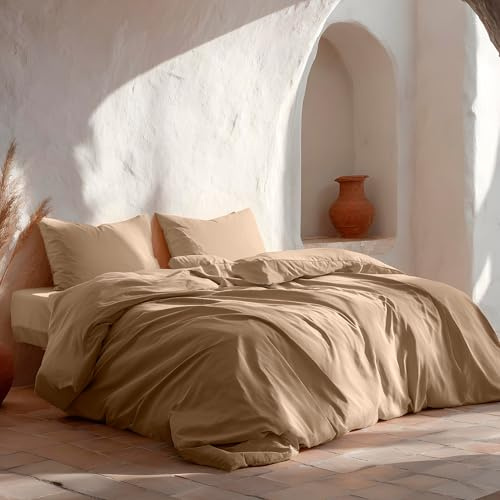 GAMUSI Juego Funda Nórdica Cama 180, Lisa 100% Algodón, Funda Edredón 260x240 cm y 2 Funda Almohada, Transpirable, Suave, Color Lino