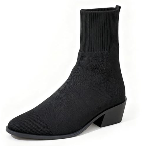 XHOGNLS Sock Ankle Boots For Women'S Knit Chunky Low Heel Stretch Bootie Fashion Breathable Comfortable Almond-Toe Block Heeled Slip On Elastic Dress Chelsea Boots For Fall & Winter (Black,5)