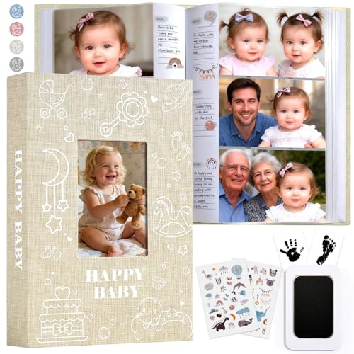 Yatosally Album photo pour bébé de 10 x 15 cm, 300 pochettes avec zone mémo, autocollants photo et kit d'empreintes de mains et de pieds, couverture en lin, livre de souvenirs pour bébé avec fenêtre
