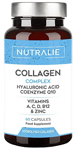 Colágeno Ácido Hialurónico Q10 - Hidrolizado Puro - Articulaciones Piel + Biotina + Vit C D B12 + Zinc - 60 cápsulas - Nutralie (Sin colorantes)