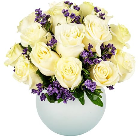 18 White Roses + purple Statice in Opal Vase Aquabloom Arrangement | Arabella Bouquets | Real Fresh Flowers for Delivery, Gift for Birthday, Sympathy, Mother's Day