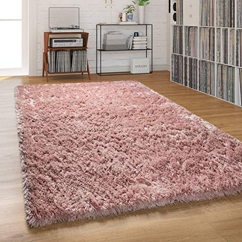 Paco Home Shaggy Large Rug High Pile Pastel Monochrome Fluffy Long Pile, Size:140x200 cm, Colour:Pink-Rose