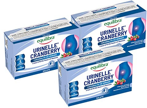 Equilibra Integratori Alimentari, Urinelle Cranberry, Integratore per la Funzionalità delle Vie Urinarie, Drenante, con Mirtillo Rosso, con D-Mannosio, Senza Glutine, 3 Pezzi da 12 Bustine Orosolubili