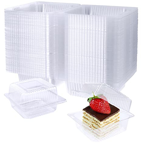 Jizvxe 100 Pack Clear Plastic Square Hinged Food Container,Disposable Plastic To Go Containers with Clear Lids,Cake Slice Containers Clamshell Takeout Tray for Pastry,Salad,Dessert(5.1x 4.7x 2.8)