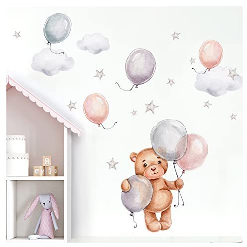 Little Deco Väggtatuering björn och ballonger väggklistermärken för babyrum nallebjörn barnrum väggklistermärken sovrum väggdekoration DL871-7