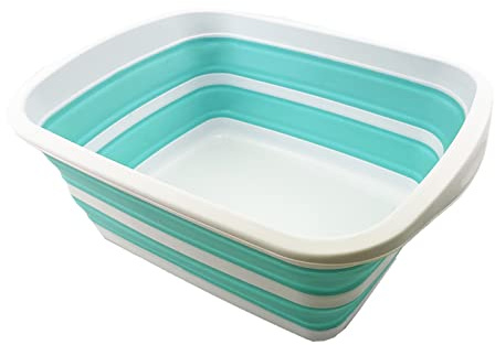 SAMMART 10L (2.6 Gallon) Collapsible Tub-Foldable Dish Tub-Portable Washing Basin-Space Saving Plastic Washtub (White/Sage Green)