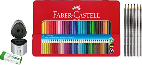 Faber-Castell 112435 - Buntstifte Colour Grip 2001, 36er Metalletui im Malset inklusive Dreifachspitzdose, 6 GRIP Bleistiften HB und hochwertigem Radierer