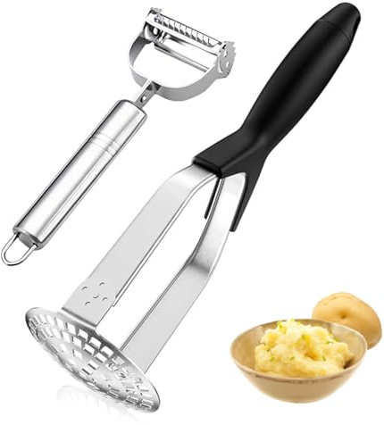 Schiacciapatate Acciaio Inox, Con coltello spelucchino in acciaio inox,Professionale Schiaccia Patate con Manico Ergonomico, Pieghevole Potato Masher per Purea di Patate, Marmellata, Verdura, Frutta