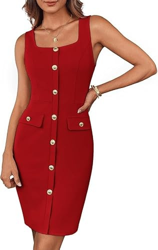 GRACE KARIN cocktailklänning för kvinnor, elegant klänning, ärmlös, fyrkantig hals, knapp, bälte, affär, arbete, kontor, formell klänning, wrap klänning, bodycon miniklänning med bälte