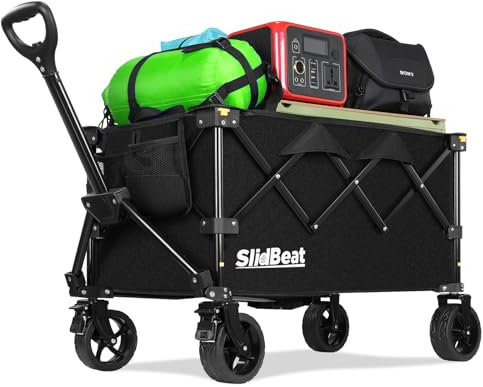 SLIDBEAT Carro Transporte Plegable Todo Terreno XL para Jardín, Camping y Compras, Carga Máxima 120KG, Sistema de Doble Freno, Mango Ajustable en Altura, Estructura Desmontable y Lavable a Máquina