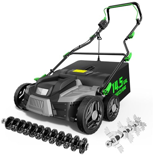 TIECTOWN 2025 Upgrade 16-Inch 15.5 Amp 2-in-1 Electric Dethatcher and Scarifier with 14.5-Gallon Collection Bag, Lawn Dethatcher with 5-Position Depth Adjustment, Keeps Lawn Healthy – Light Green