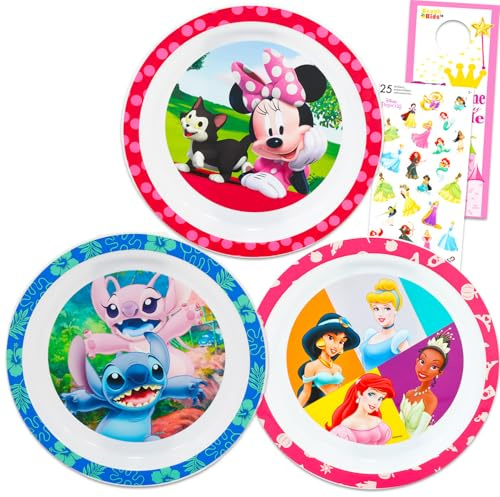 Disney Dinnerware Set for Girls - 3 Pc Kitchen Accessories Bundle with Stitch, Princess, Minnie Mouse Plates Plus Stickers, More | Disney Plates for Girls, Kids, Toddlers