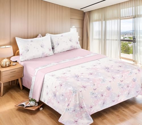 Etrexonline Conjunto de Sábanas 4 Piezas Cama 180 cm - Microfibra Ultra Suave Incluye 1 Bajera 180x200+28 cm, 1 Encimera 230x270 cm, y 2 Fundas de Almohada 50x100 cm - Color Mariposa Rosa