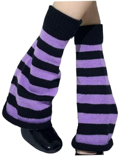 NIDONE 1 par benvärmare, Y2K randiga stretchiga benvärmare för flickor, tvättbara mjuka och bekväma stickade tillbehör för flickor och kvinnor, Goth Lolita-stil