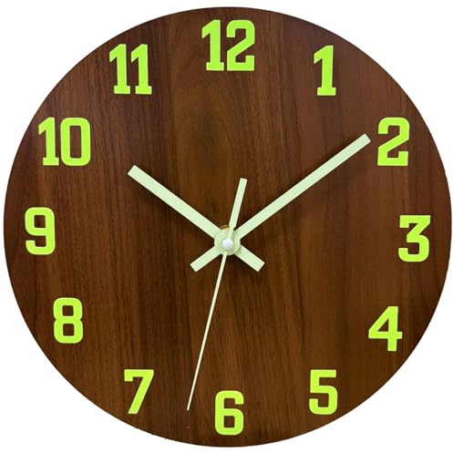 Mabpedo Glow in The Dark Wall Clock, 8 Inch Modern Silent Non Ticking Wall Clocks Battery Operated, Night Light Wall Clock for Living Room Decor, Wall Clocks Decorative for Kitchen Bedroom（Brown）